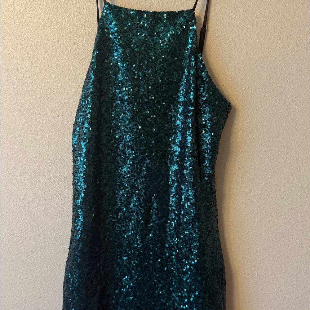 Teal Sequin Halter Dress
